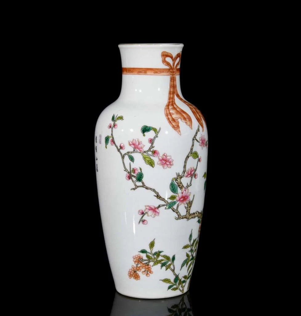 Yongzheng Signed Pair Old Chinese Colour Enamel Vase W/flower N3363