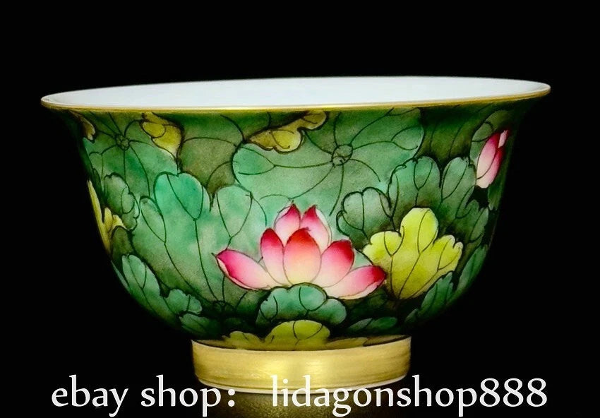 5" Qianlong Marked Enamel Porcelain Lotus Flower Leaf Pattern Lid Cup Plate Set