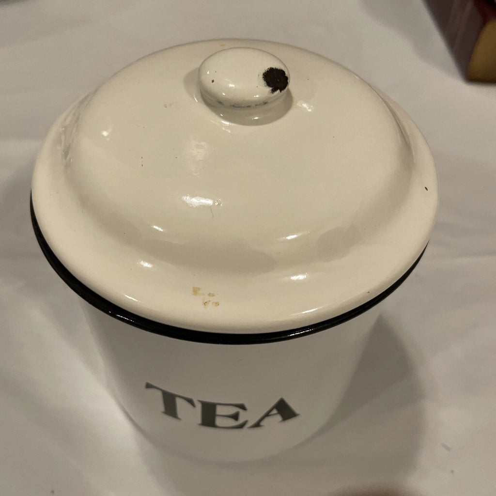 White with black Trim Enamel Ware TEA Canister, Farm House Style