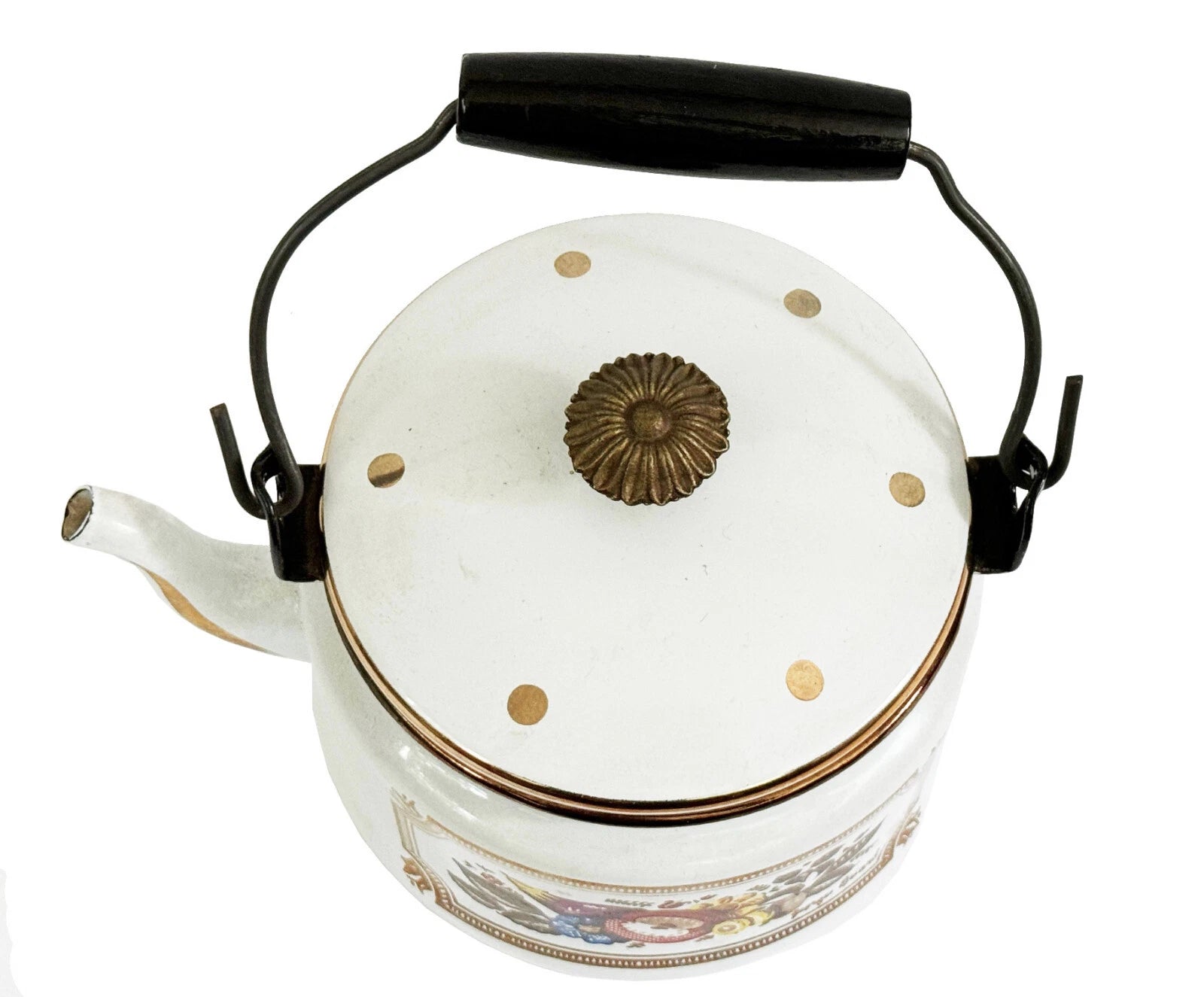 GEORGES BRIARD Tea Kettle Enamelware Fruit Vegetables Gold Accents Mid Century