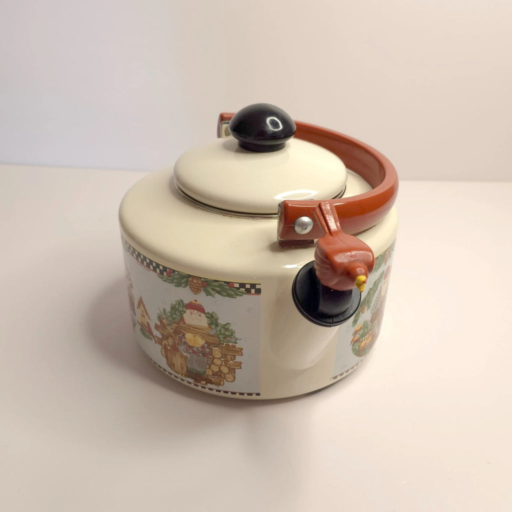 Debbie Mumm Woodland Santa Whistling Tea Kettle 2.5 Qt Porcelain Enamel 1999