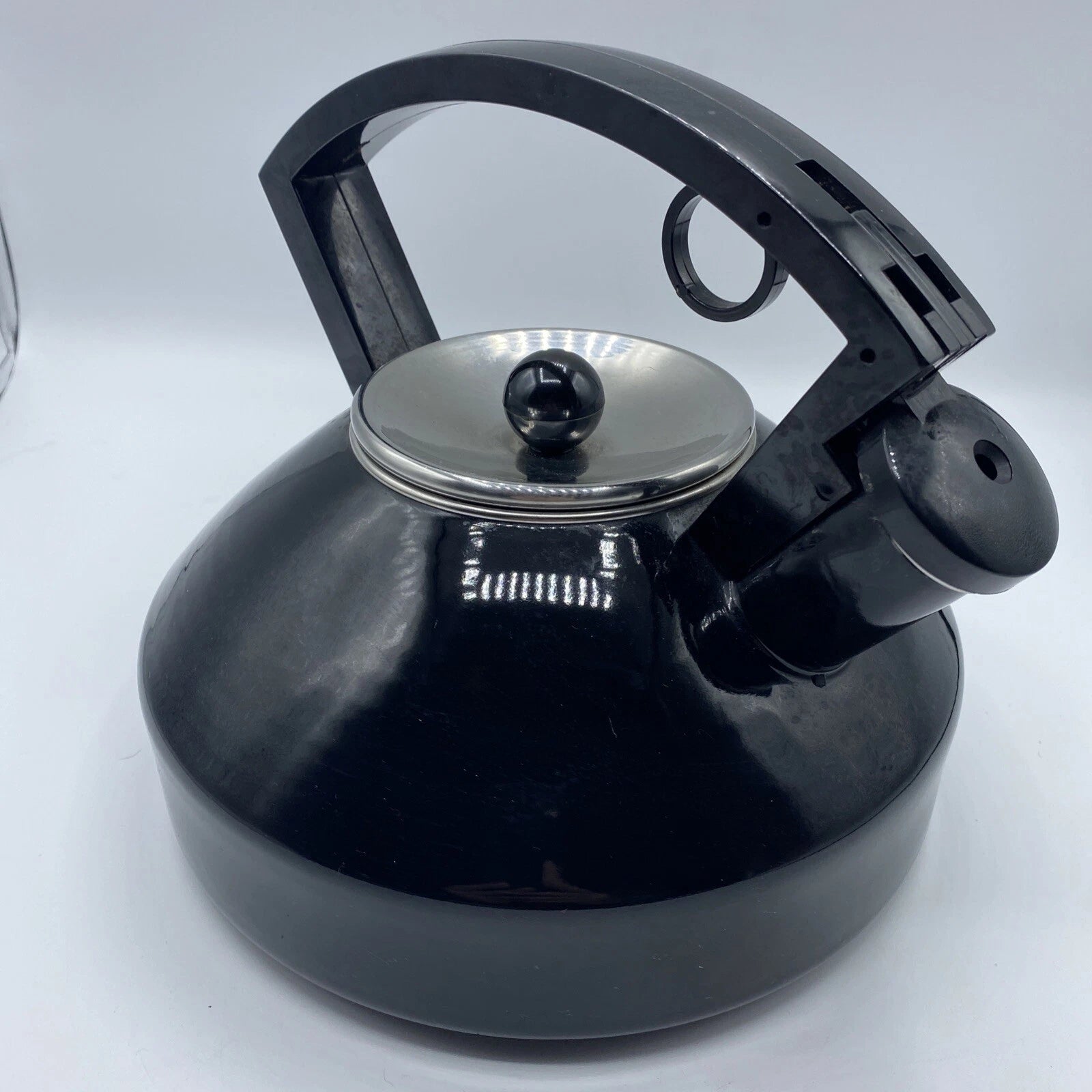 Vintage Black Enamel Tea Kettle Metal Sleek Design Silver Lid Black Knob