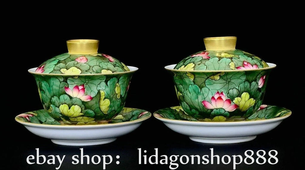 5" Qianlong Marked Enamel Porcelain Lotus Flower Leaf Pattern Lid Cup Plate Set