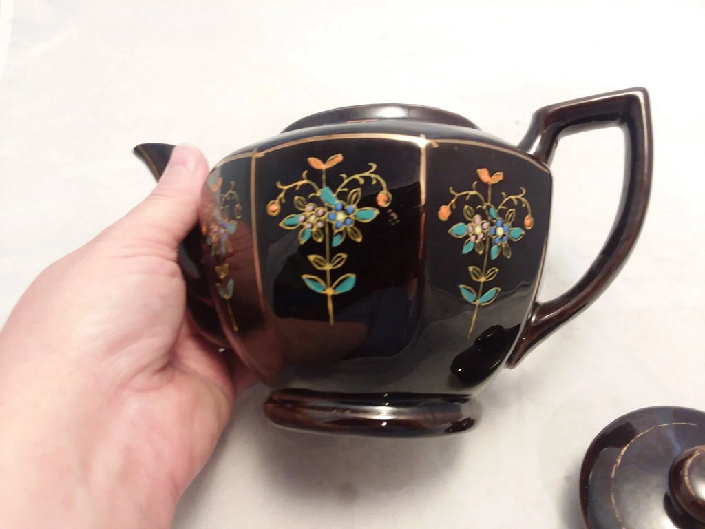 Japan Vintage Black Glazed Tea Pot Hand-painted Design Flowers Gold Trim Hexagon