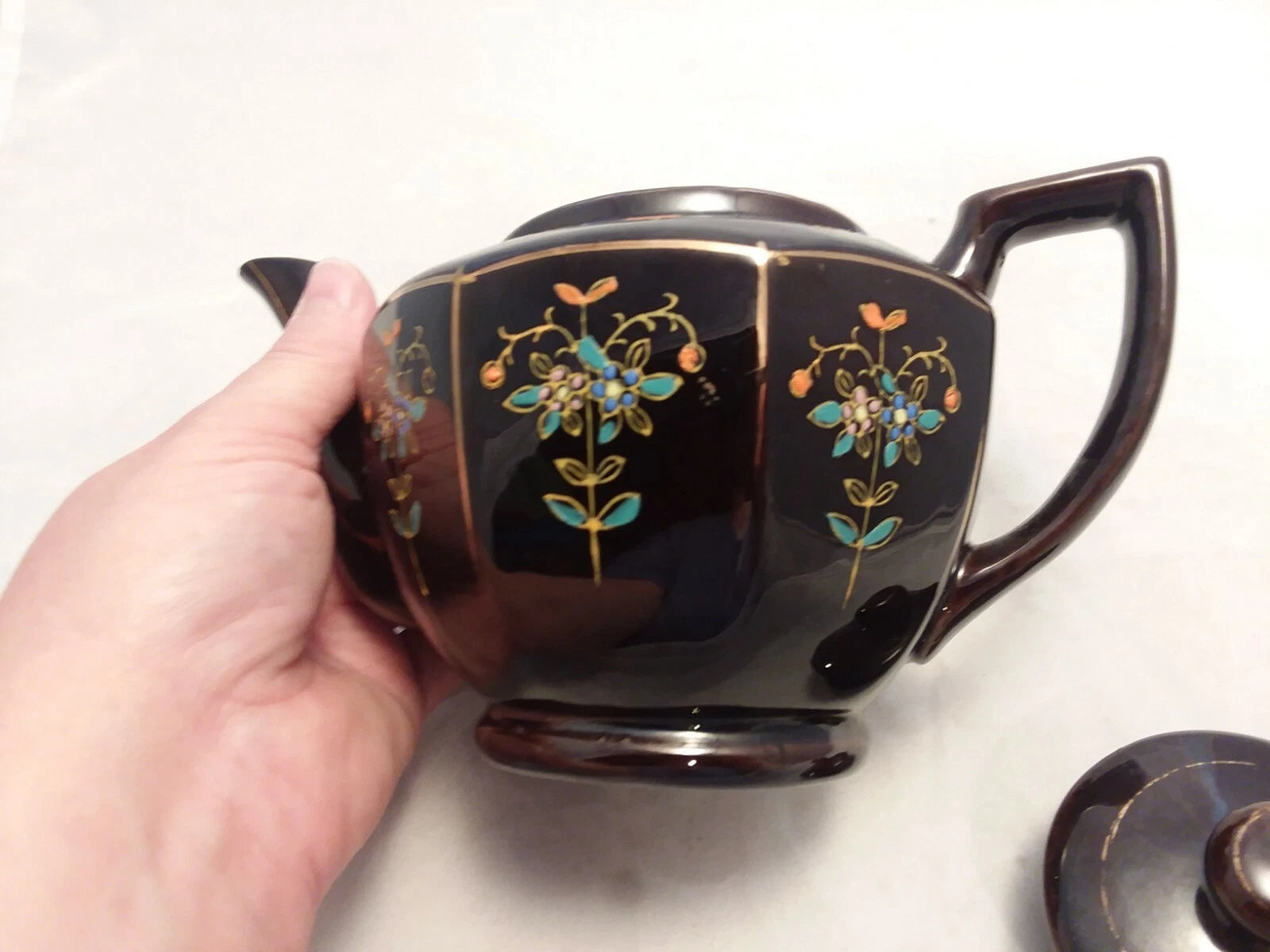 Japan Vintage Black Glazed Tea Pot Hand-painted Design Flowers Gold Trim Hexagon