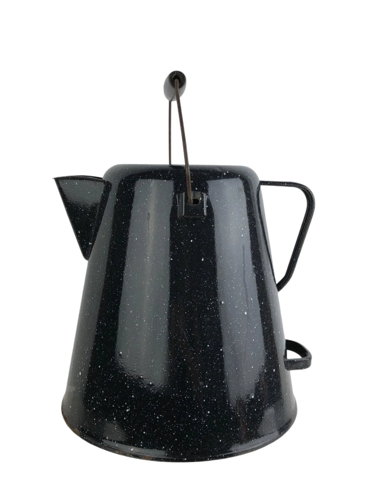 Vtg Enamelware Coffee Tea Pot Camping Kettle Black Speckled 10.5” Tall No Lid