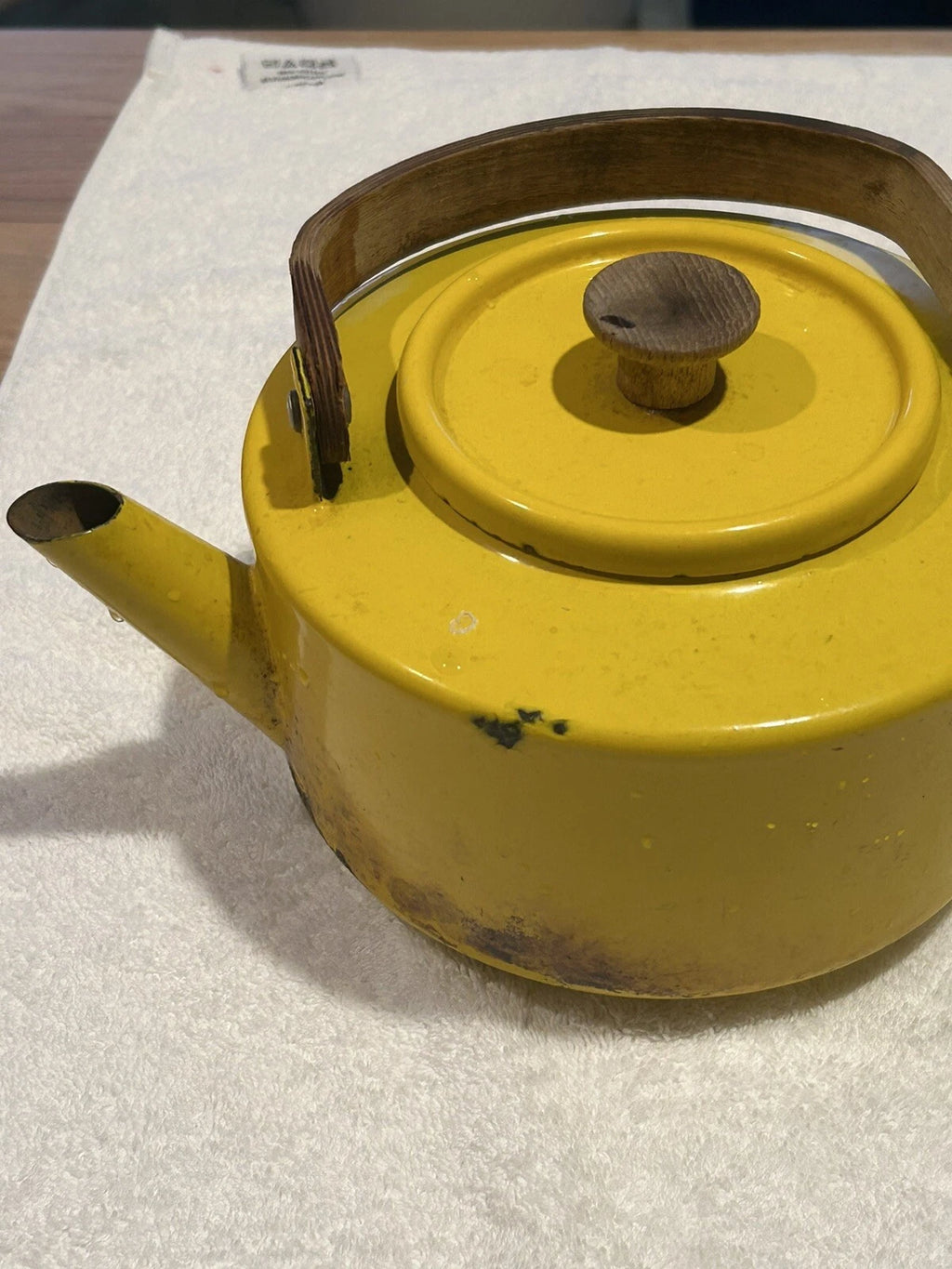 Enamelware Yellow teapot w wooden bentwood handle Copco Michael Lax Kettle retro