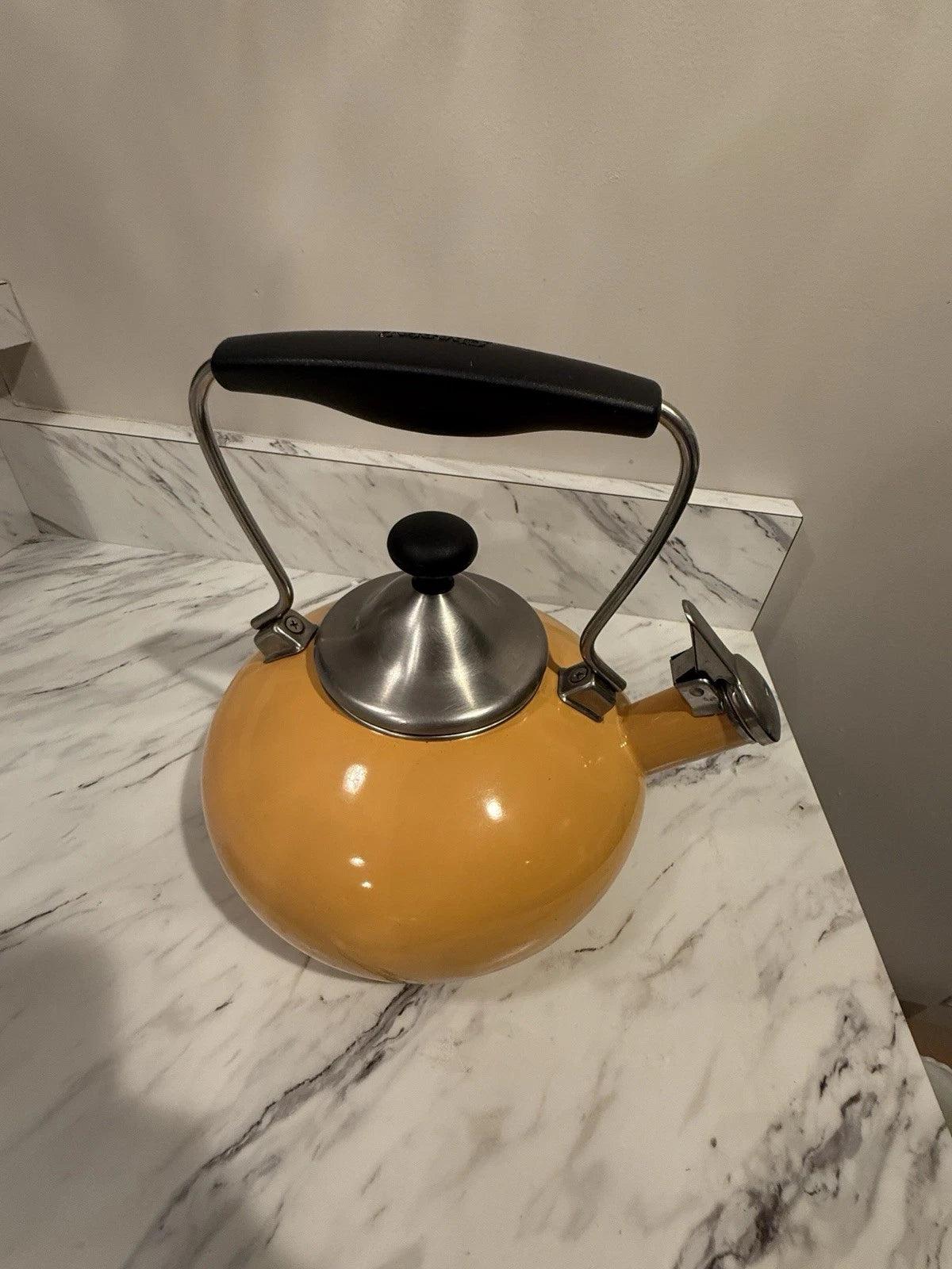 Vintage Chantal Whistling Tea Kettle Yellow Orange Enamel Color Metal