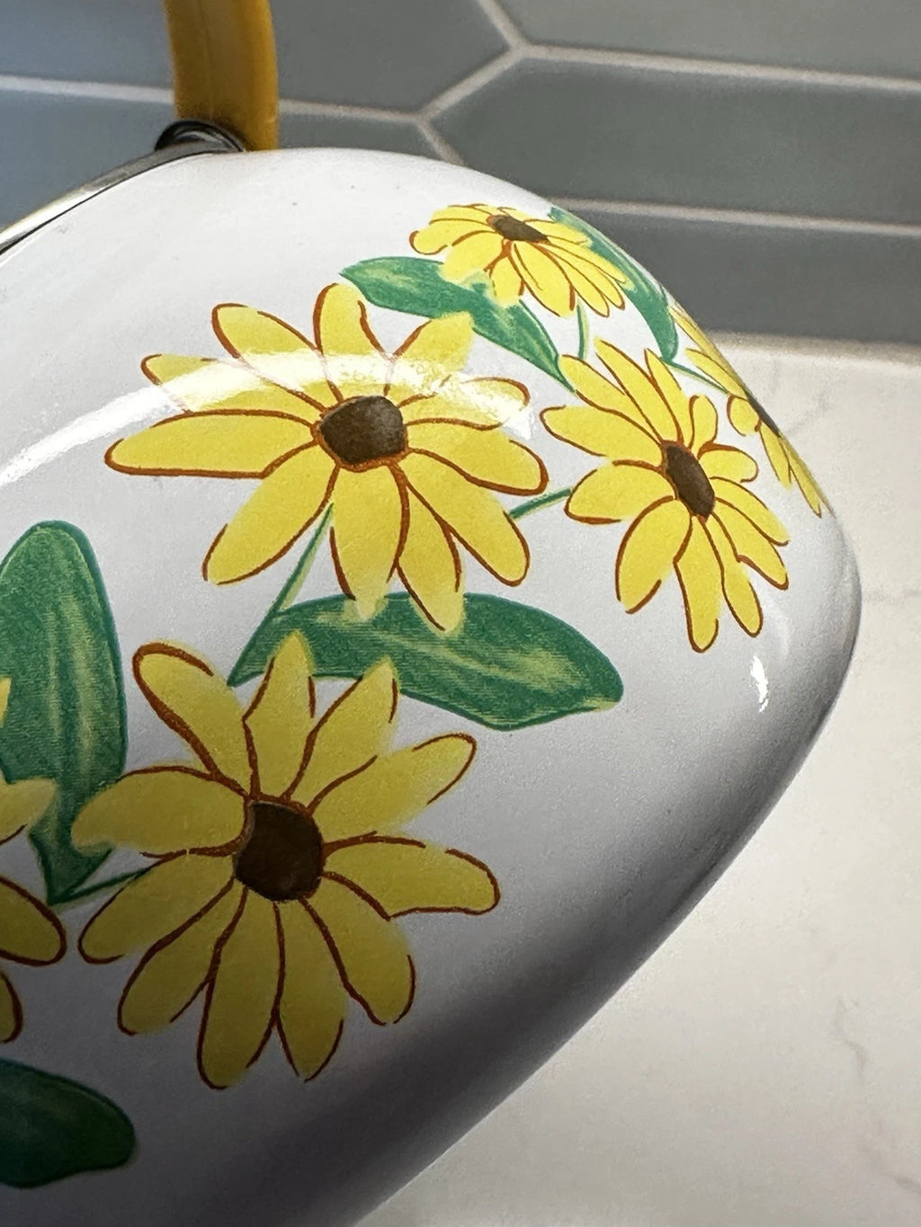 Vintage Yellow Enamel Teapot Wooden Handle Daisy Flowers MCM Retro Metal