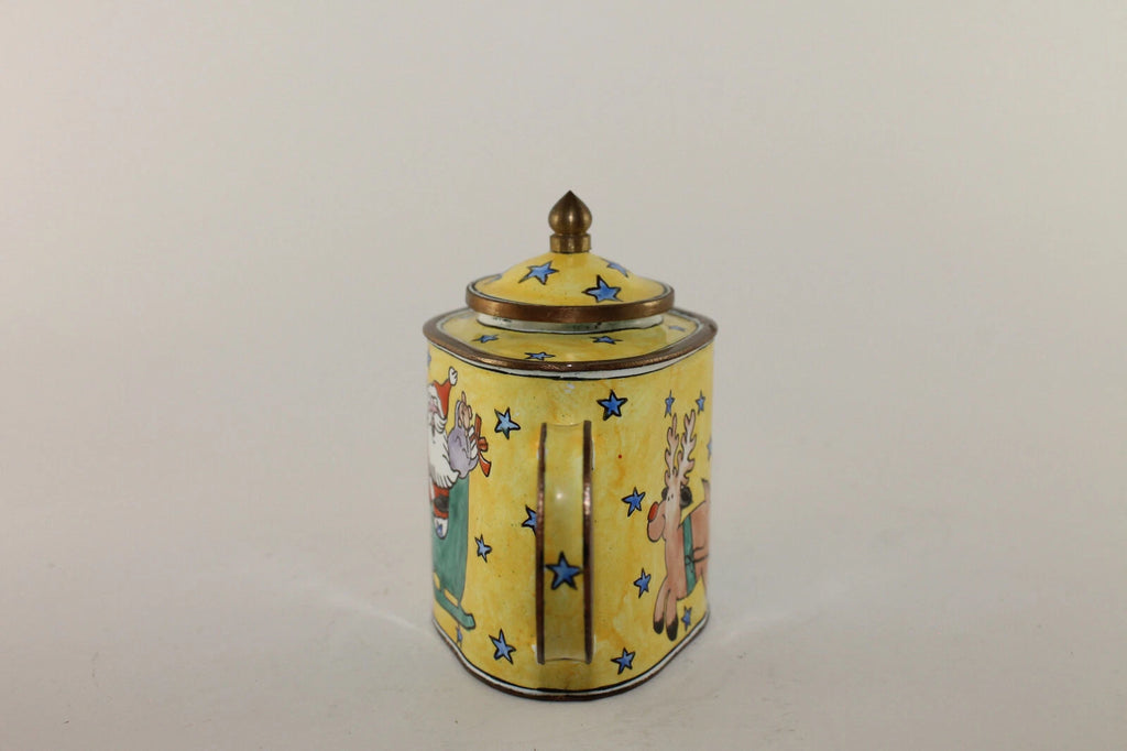 Vintage Collectible Kelvin Chen Enamel Miniature Yellow Teapot Santa w Reindeer