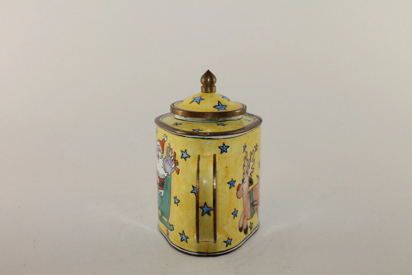 Vintage Collectible Kelvin Chen Enamel Miniature Yellow Teapot Santa w Reindeer