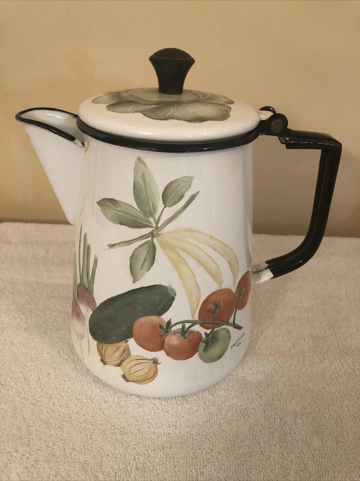 enamelware painted vegetables coffee pot signed davidson 1974
