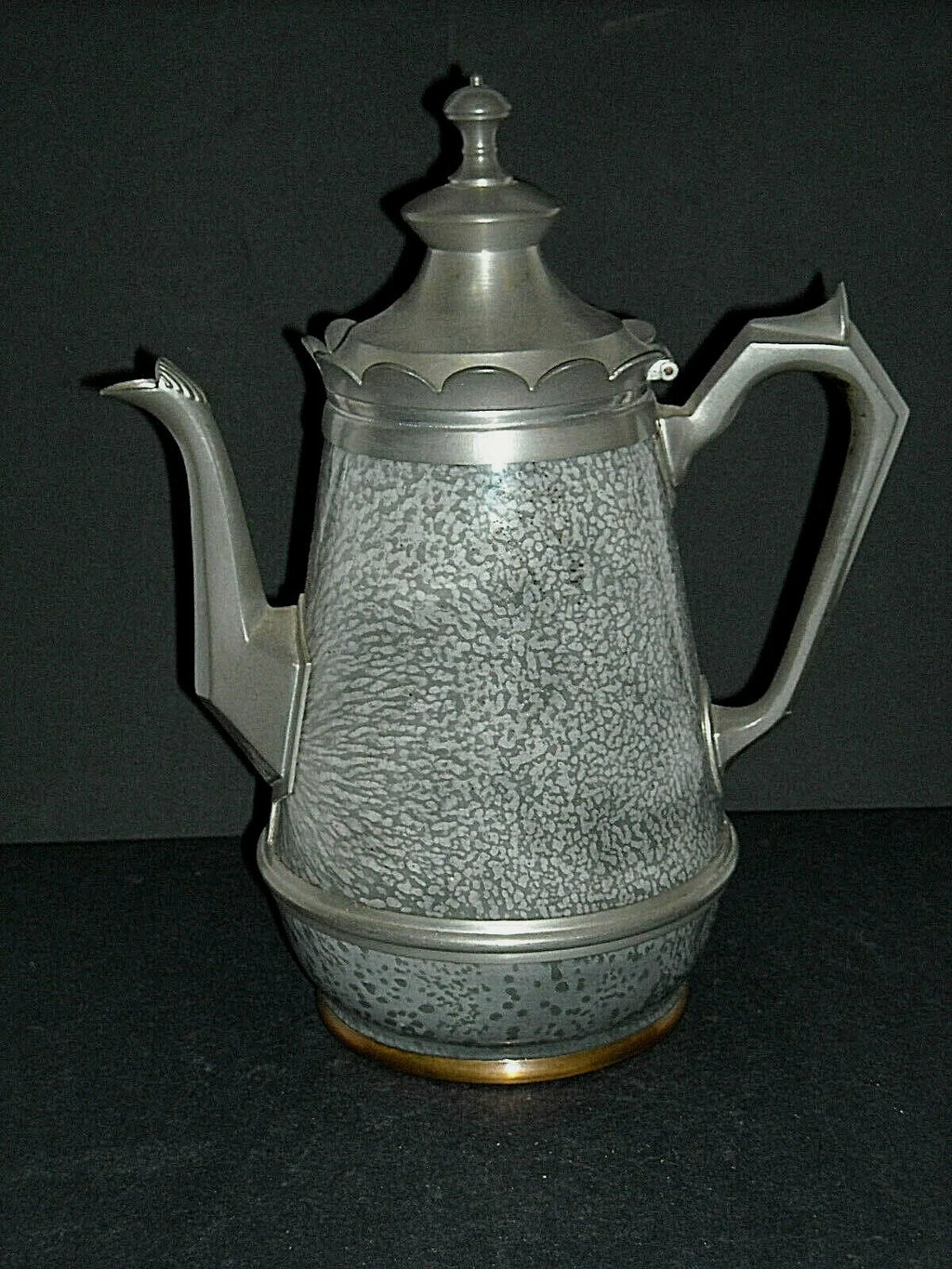 Excellent Early (1890 - 1905) Tall Grey Graniteware Teapot - Pewter Trimmed