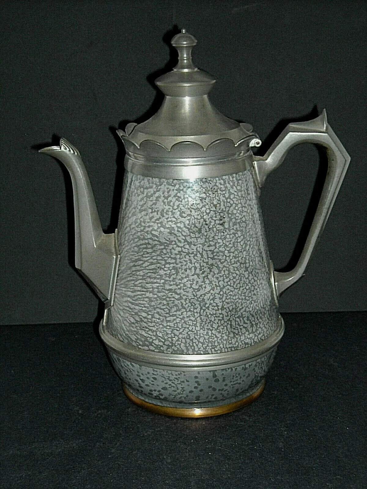 Excellent Early (1890 - 1905) Tall Grey Graniteware Teapot - Pewter Trimmed