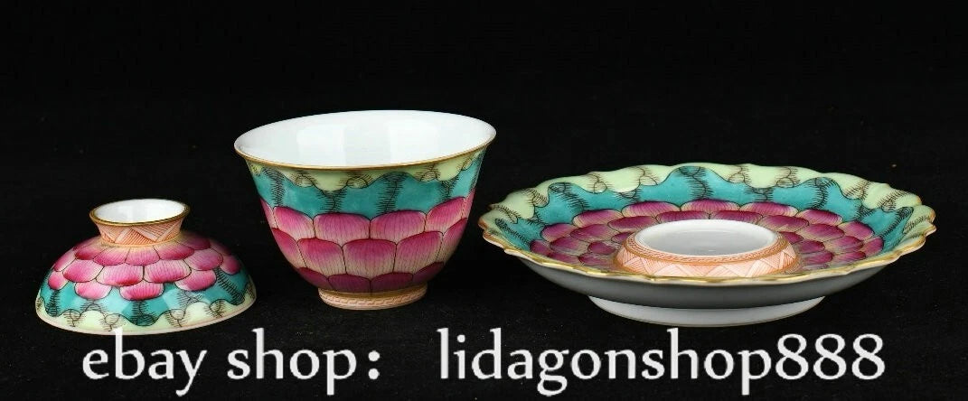 6.2" Old Chinese Qianlong Enamel Porcelain Lotus Flower Lid Tea Plate Tray