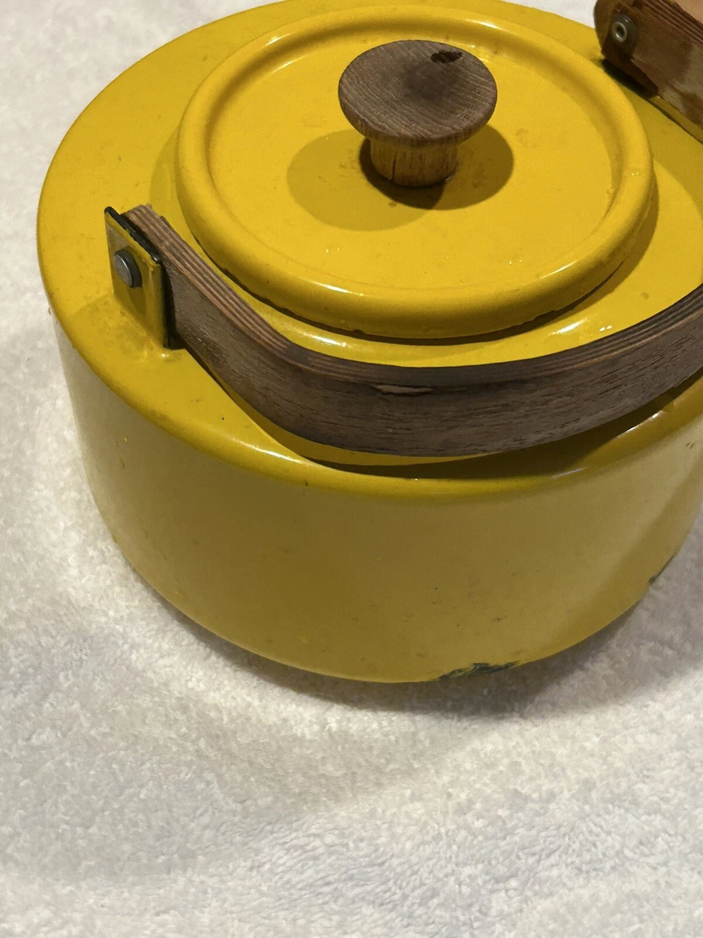 Enamelware Yellow teapot w wooden bentwood handle Copco Michael Lax Kettle retro