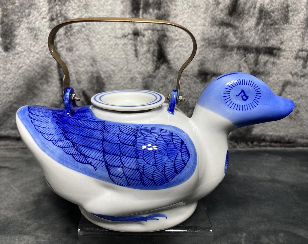 Vintage Duck Teapot, Tea Bag Holder Lid Blue White Floral Porcelain Metal Handle