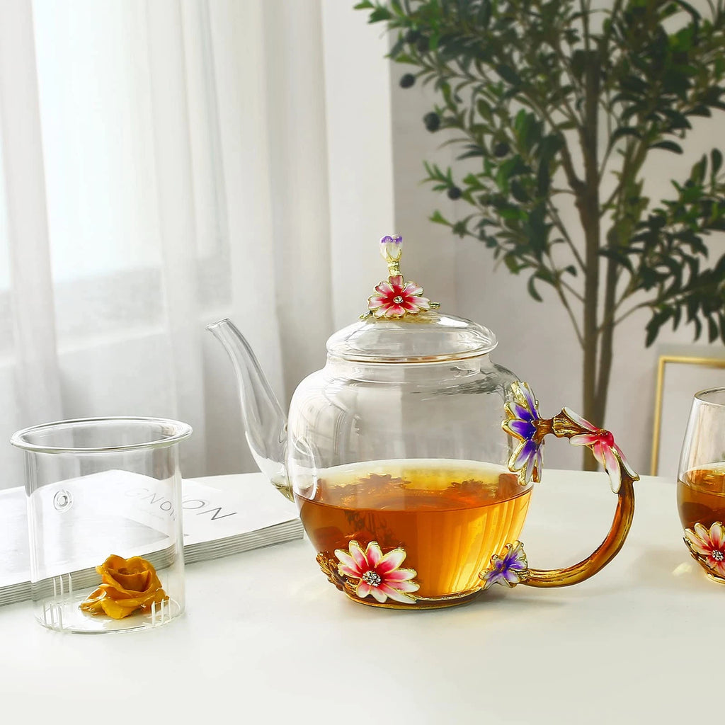 35OZ Enamel Glass Flower Teapot With Removable Loose Tea Leaf Infuser Tea Mak...
