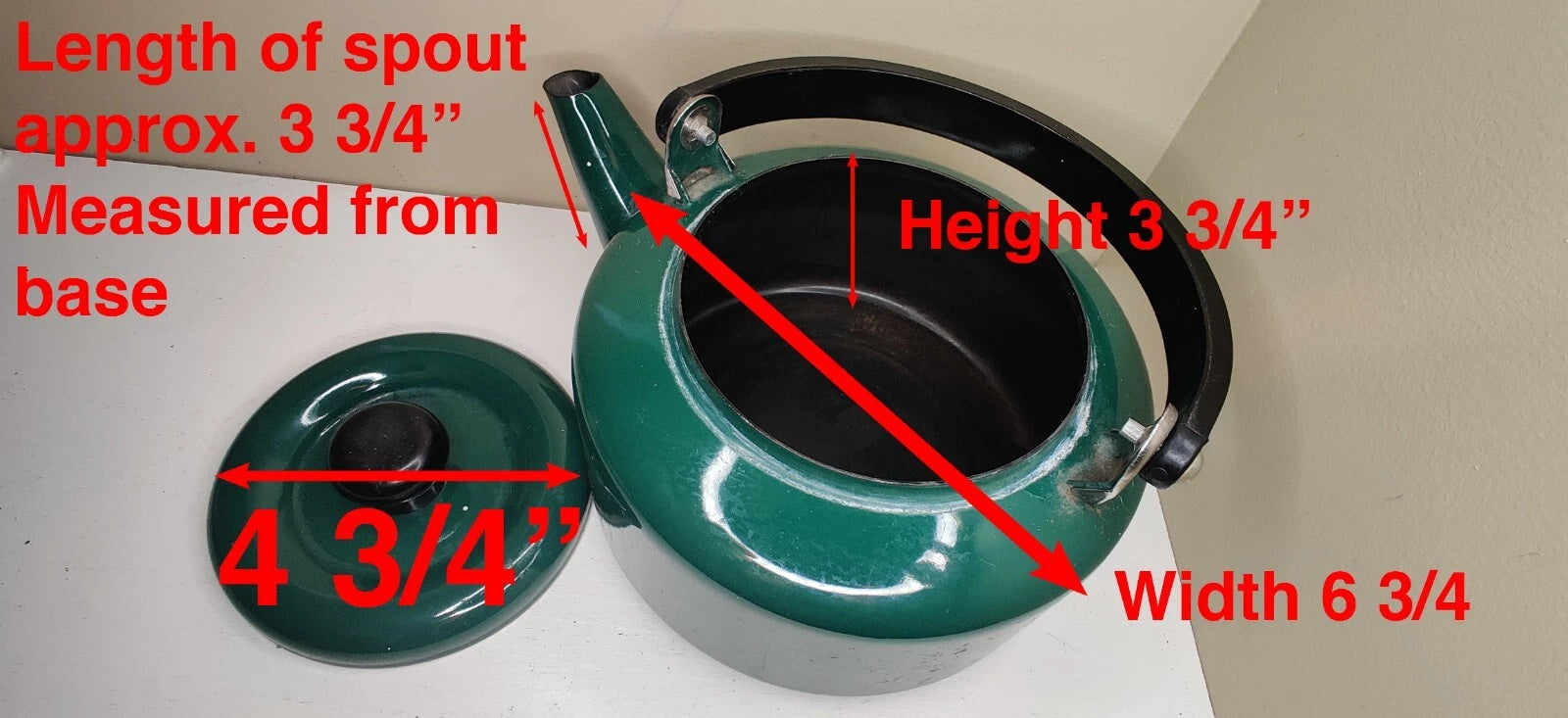 Vintage Teal Green Enamel Tea Kettle with Black Plastic Handle