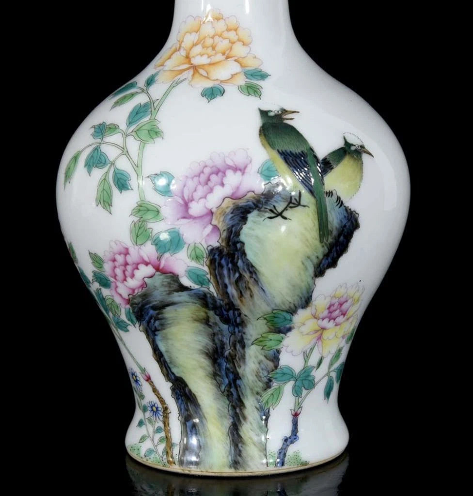 Yongzheng Signed Old Chinese Colour Enamel Vase W/bird N3274