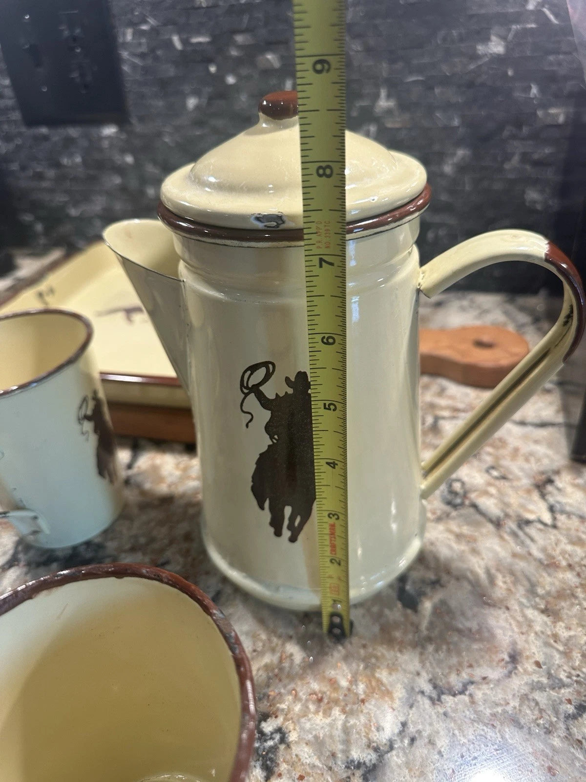 Vintage Cowboy Enamelware Coffee Pot Cups & Tray Set Western Creative Co-Op