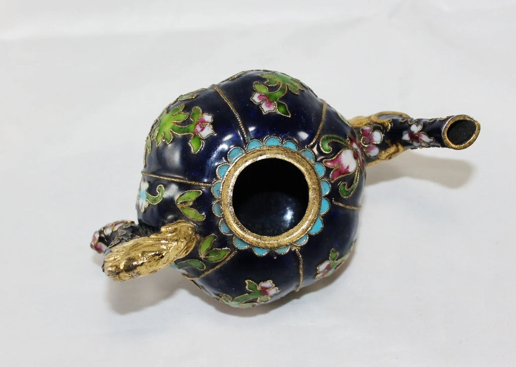 Miniature Cobal Blue Enamel Gilded Cloisonne Colorful Floral Teapot no Lid Cute