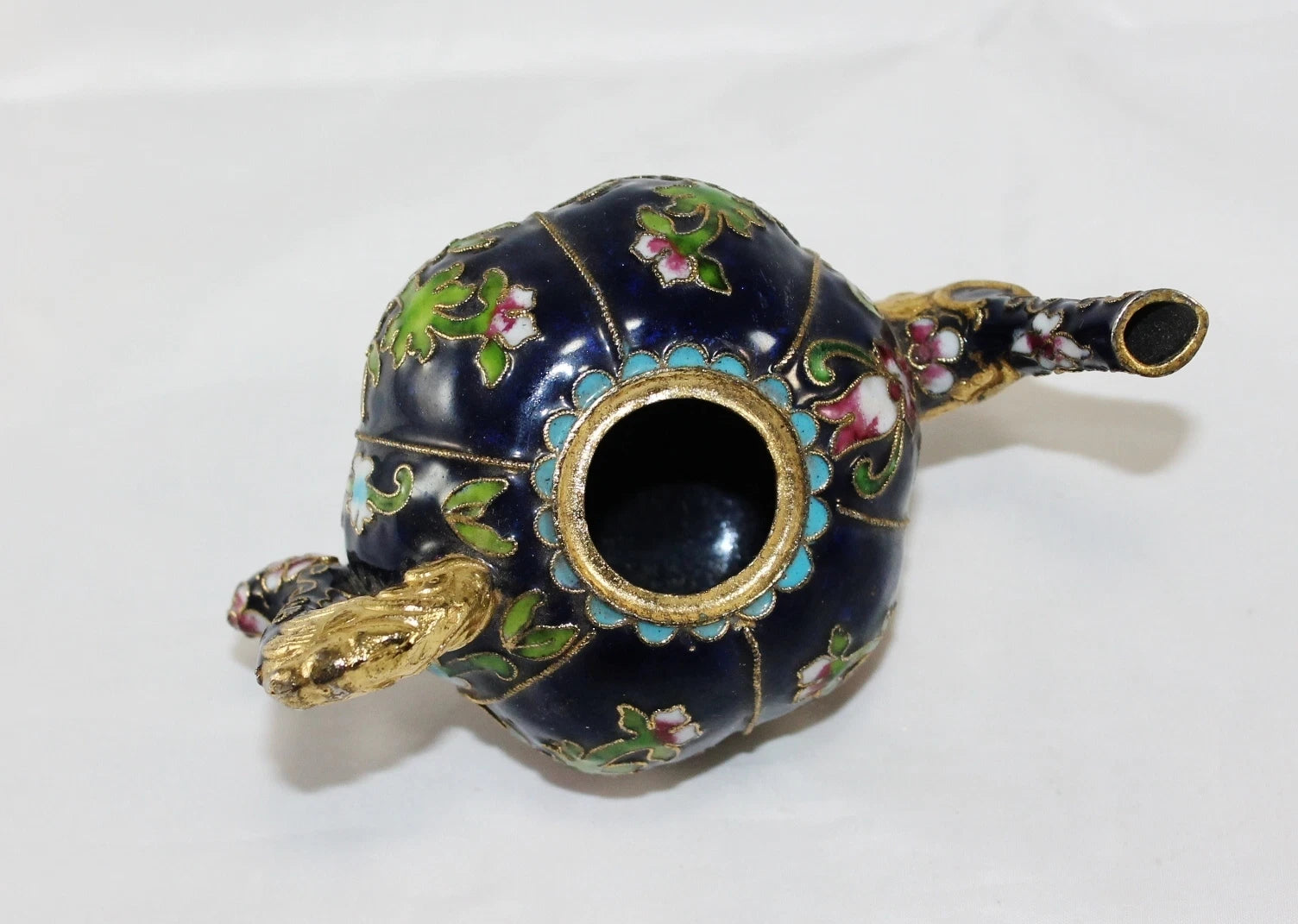 Miniature Cobal Blue Enamel Gilded Cloisonne Colorful Floral Teapot no Lid Cute