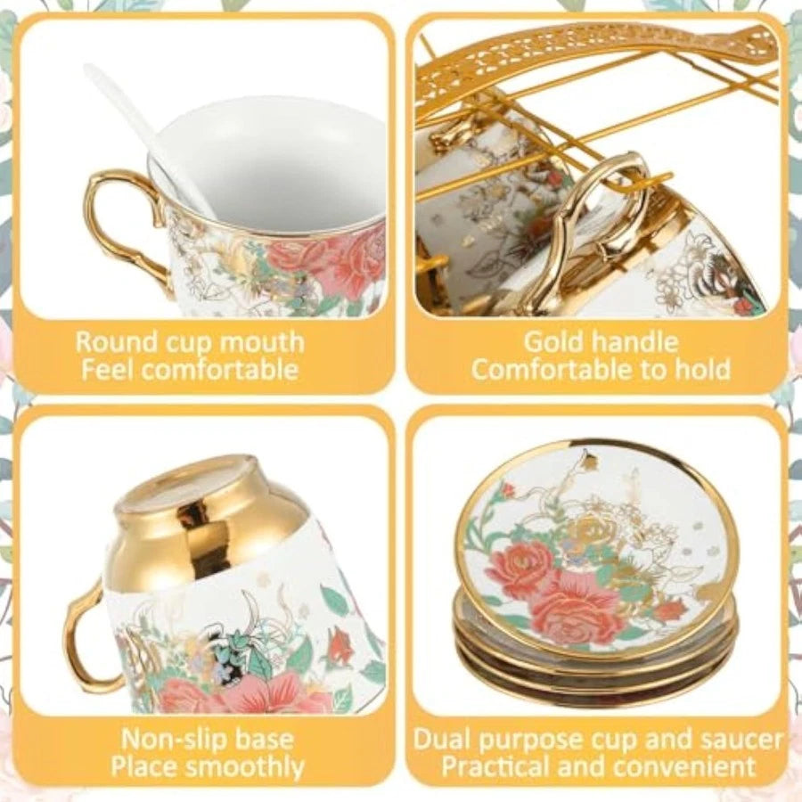 22 Pcs Gold Plated Vintage Floral Porcelain Tea Set for Adults with Me