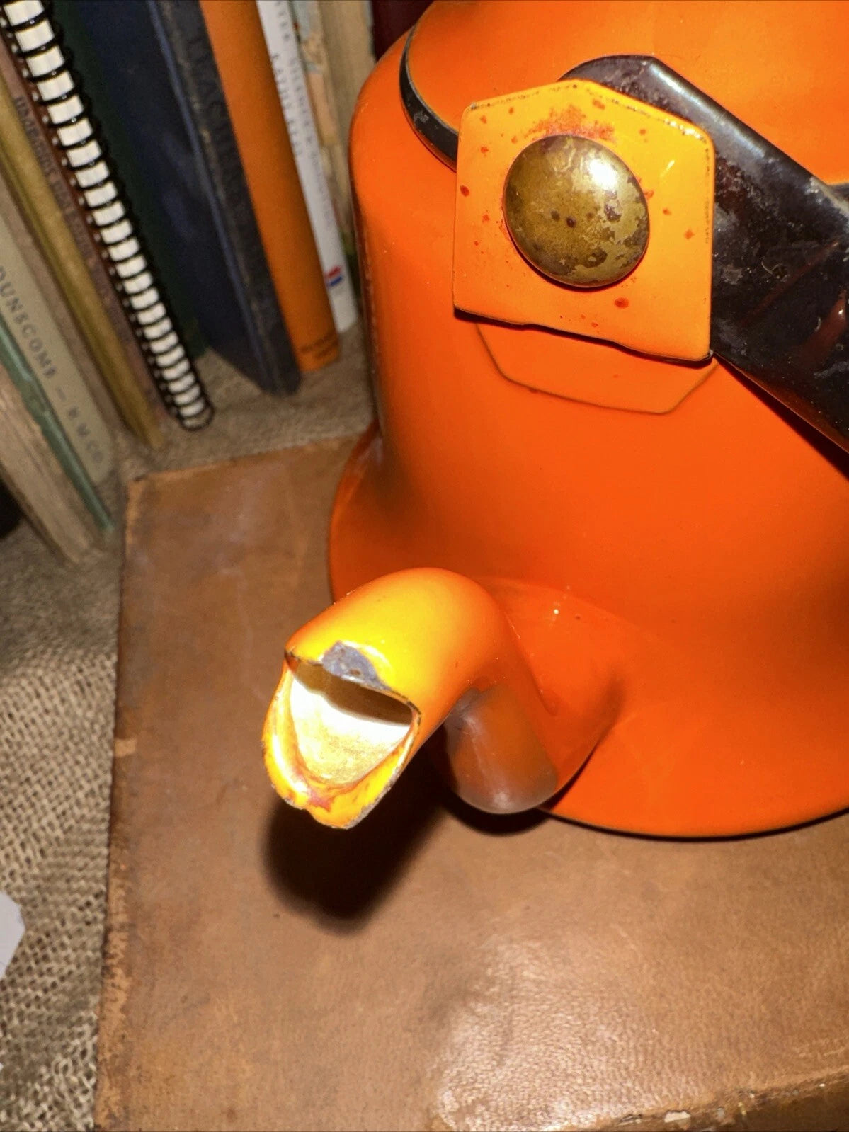 Vintage Orange Enamelware Metal Kettle Teapot  Oto Japan black handle