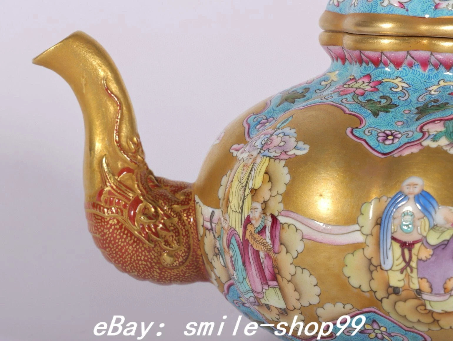 7.4" Qianlong Enamel Colour Porcelain Gold lohan Arhat Damo Dragon Kettle Pot