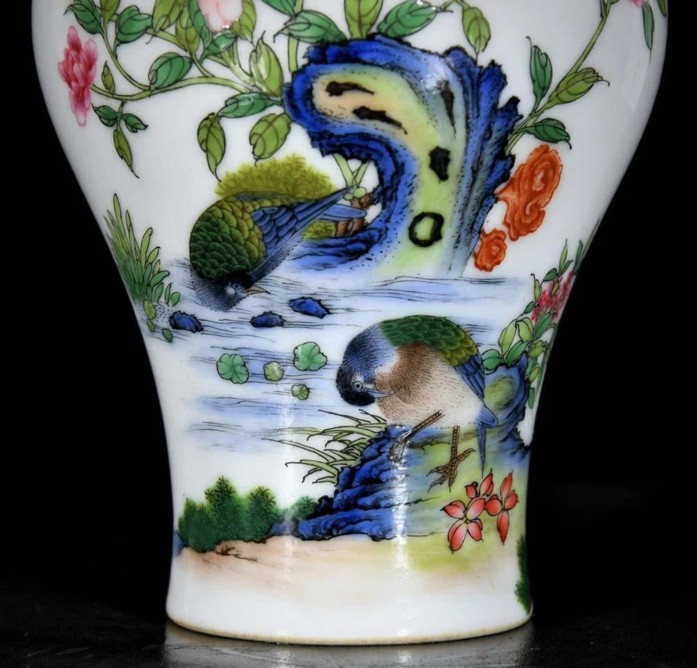 Yongzheng Signed Old Chinese Colour Enamel Vase W/bird N3639