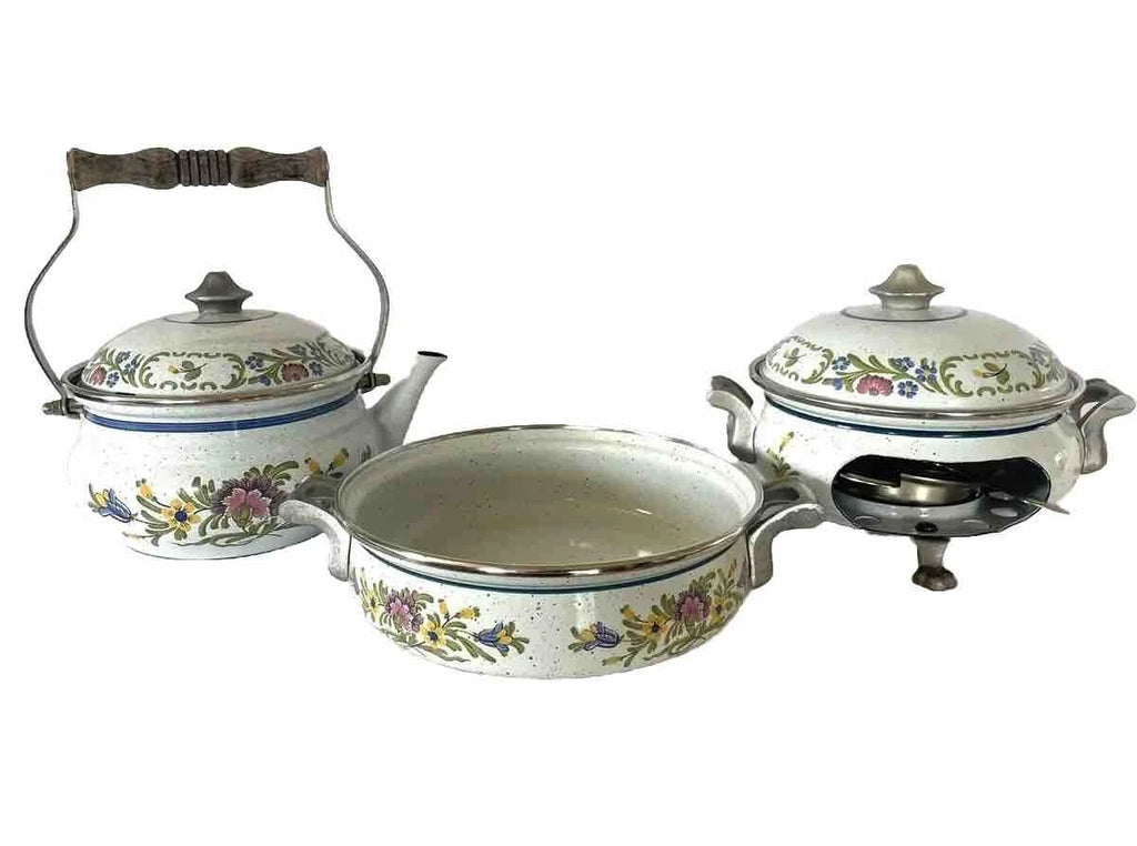 RARE SET - Vintage ASTA Enamel Cookware Teapot, Casserole Pot, & Fondue Set