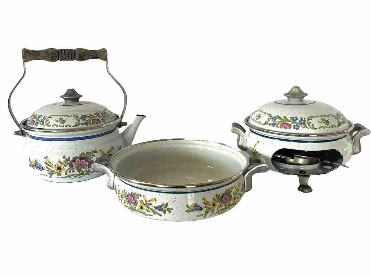 RARE SET - Vintage ASTA Enamel Cookware Teapot, Casserole Pot, & Fondue Set