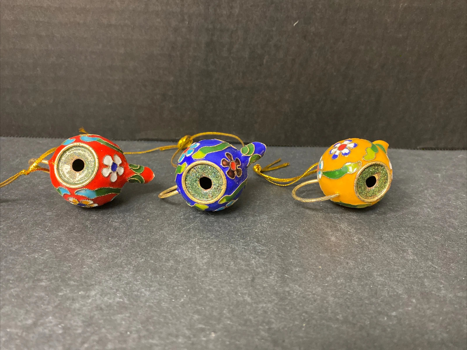 Miniature Cloisonne Teapot Ornaments Enamel Floral Lot of 3