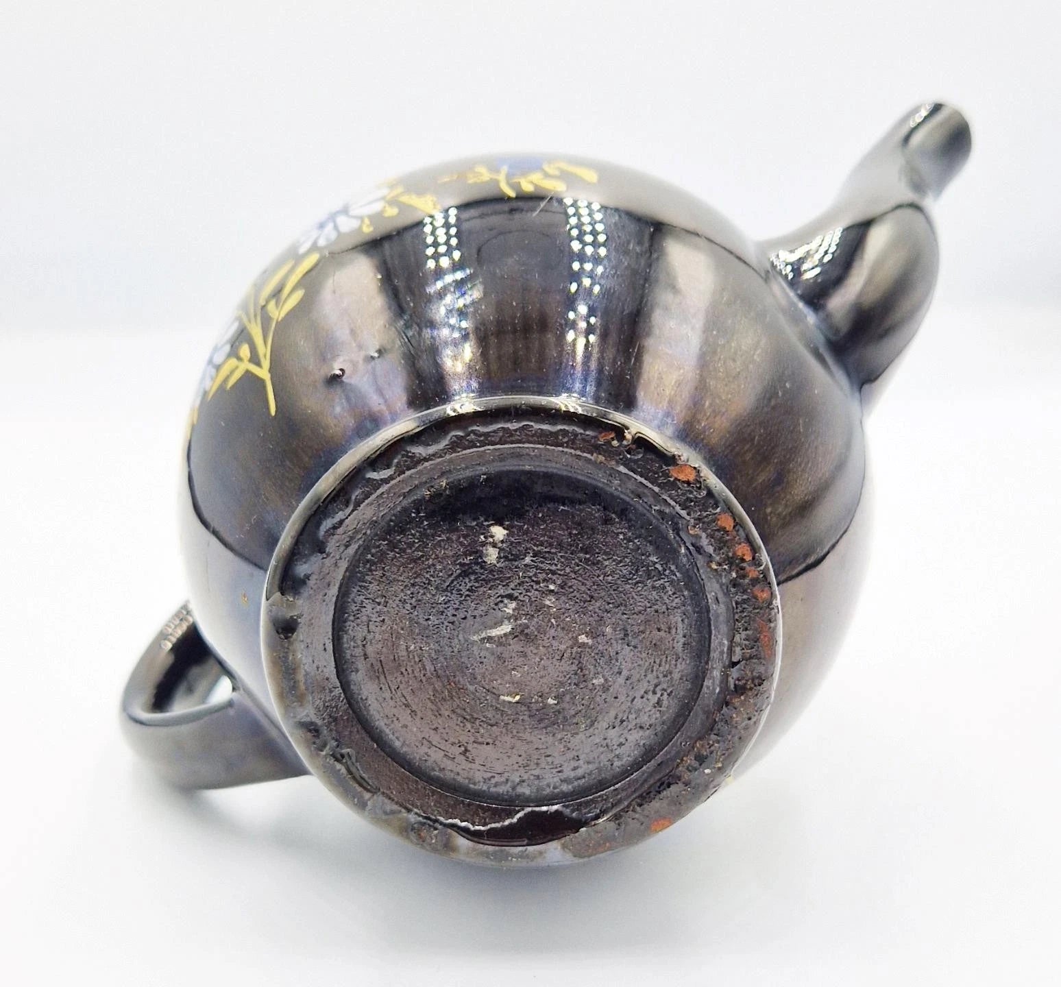 GEORGIAN JACKFIELD GLAZE POTTERY ENAMELLED BACHELORS TEAPOT c1780 a/f