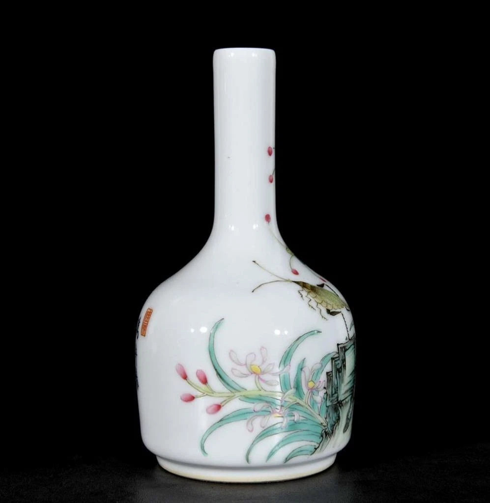 Pair Qianlong Signed Old Chinese Colour Enamel Vase W/orchid N3436