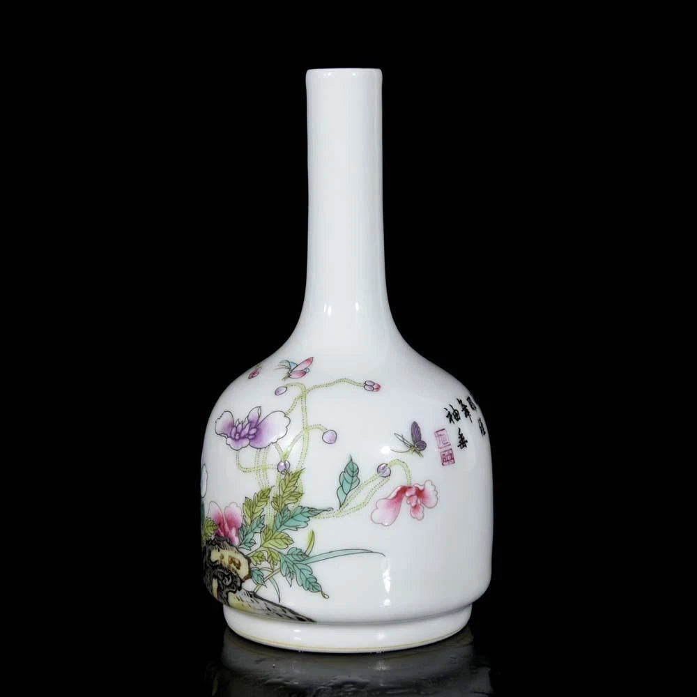 Qianlong Signed Pair Old Chinese Colour Enamel Vase W/flower N3582