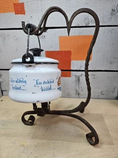 Vintage Enamel Folk Art Tea Pot With Cast Iron Stand