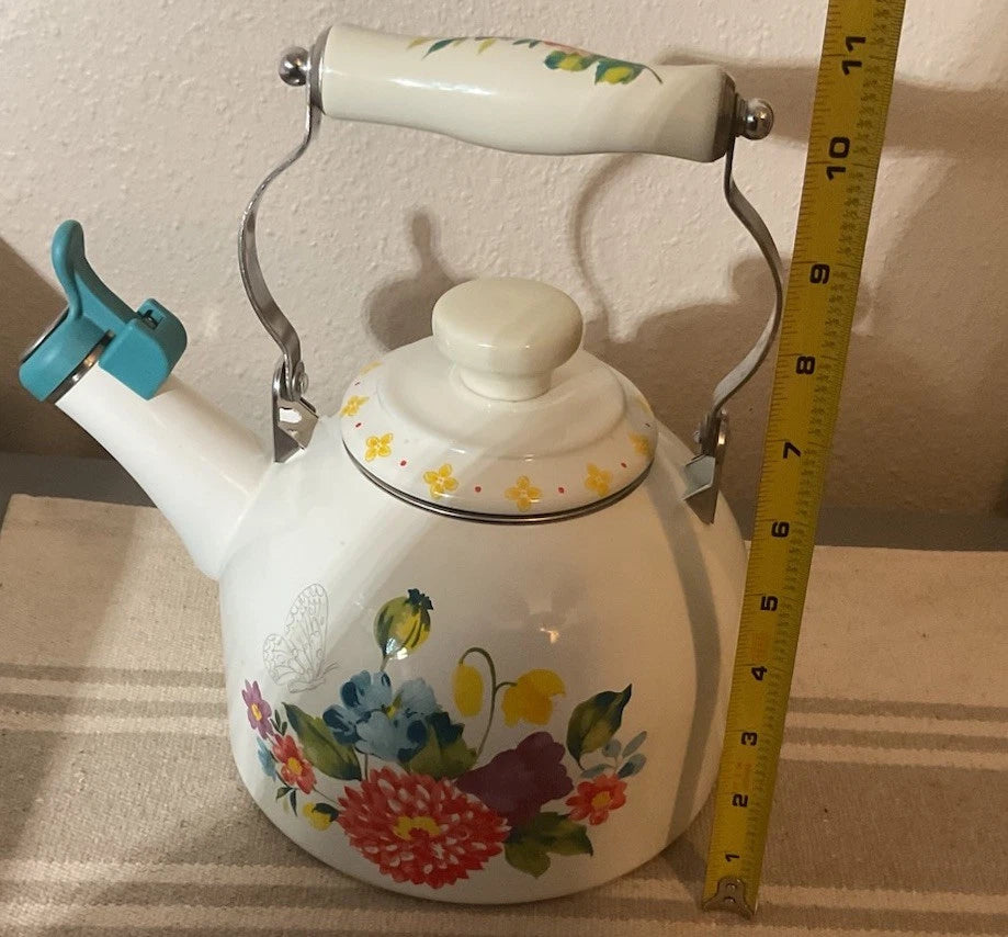 The Pioneer Woman Blooming Bouquet Whistling Tea Steel Tea Kettle White