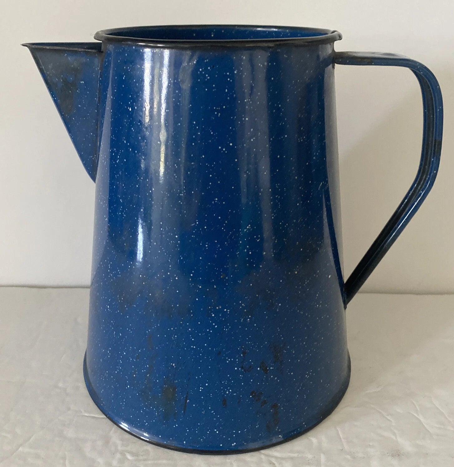 Enamelware Coffee Pot Blue White Speckled With Handle And Spout 8” Tall X 8”