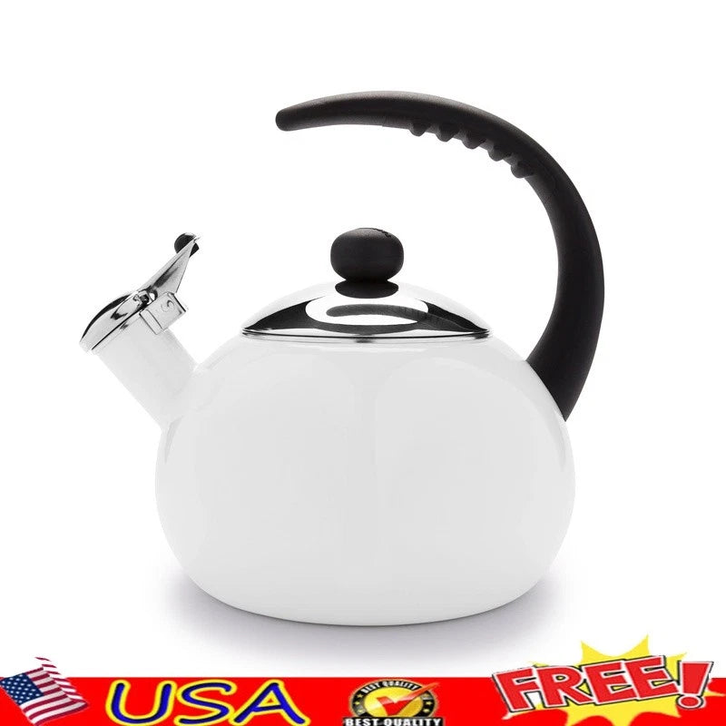 Porcelain Enamel Tea Kettle Stainless Steel Lid Bakelite Handle Stay Cool White