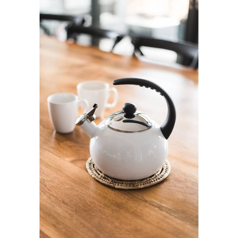 Porcelain Enamel Tea Kettle Stainless Steel Lid Bakelite Handle Stay Cool White