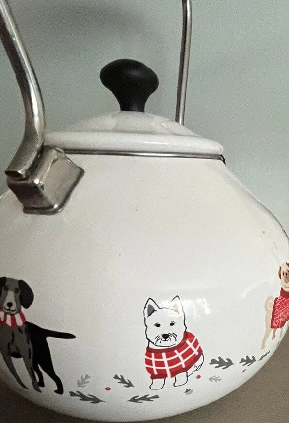 Martha Stewart  Enamel on Steel 2 Quart Christmas Tea Kettle Teapot Dogs As Is