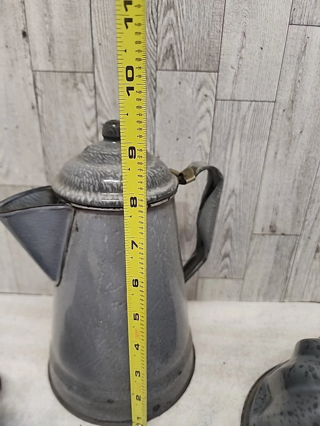 Stunning Vtg Grey Enamel Splatterware Lot Agate Can. Spout Teapot Bundt Pan Farm