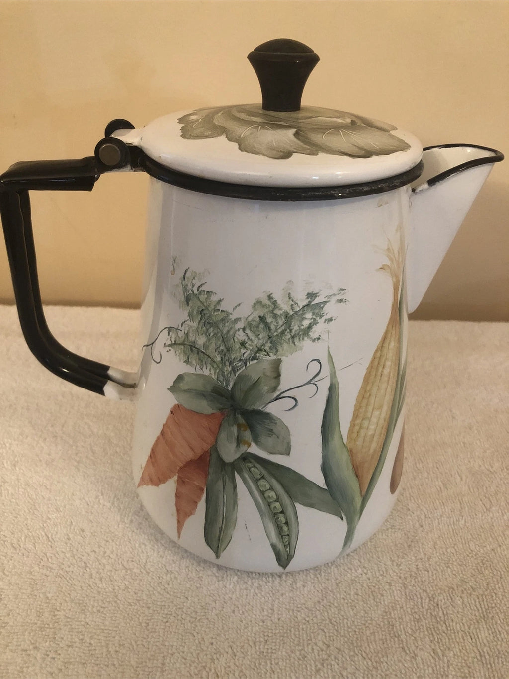enamelware painted vegetables coffee pot signed davidson 1974