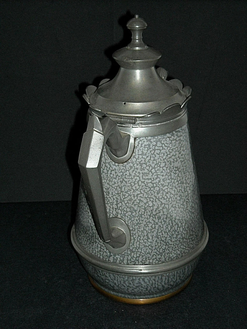Excellent Early (1890 - 1905) Tall Grey Graniteware Teapot - Pewter Trimmed
