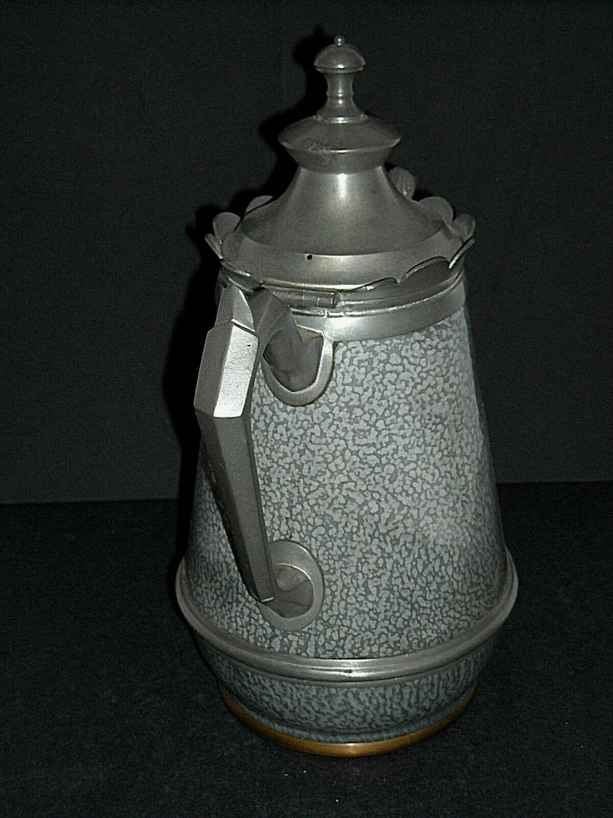 Excellent Early (1890 - 1905) Tall Grey Graniteware Teapot - Pewter Trimmed