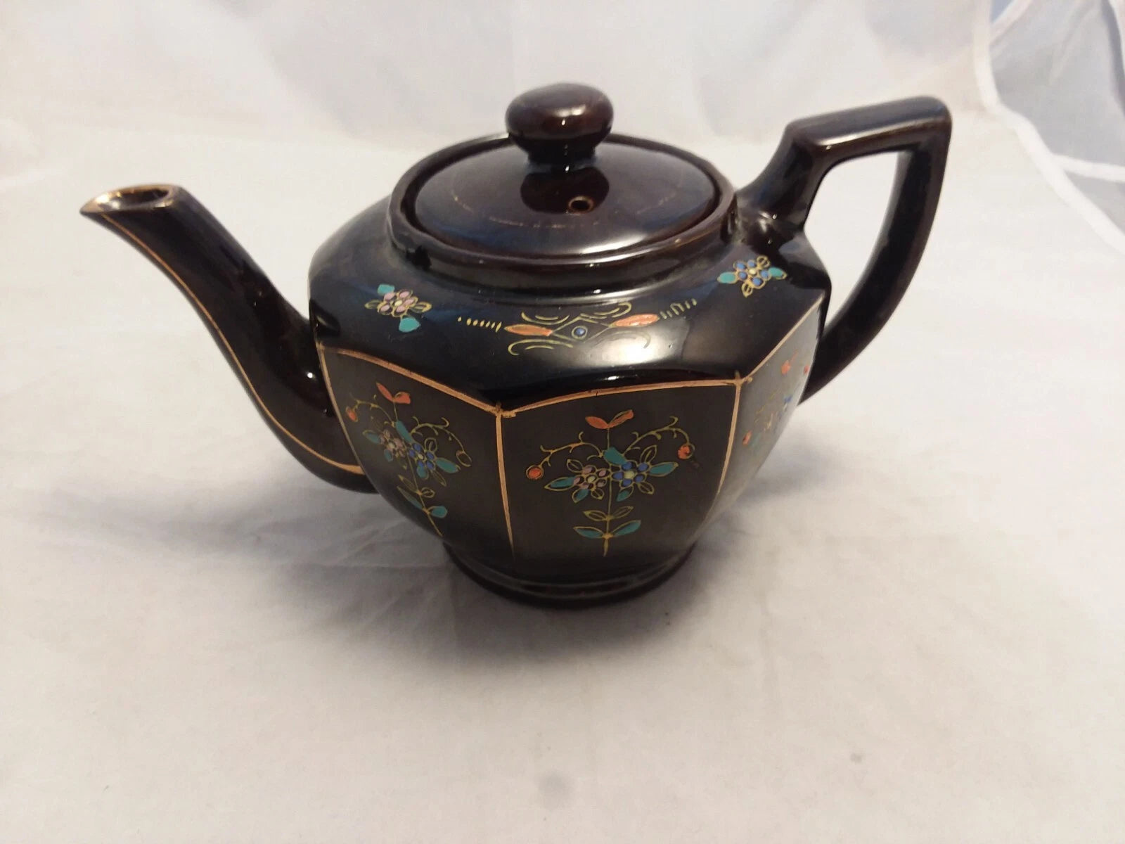 Japan Vintage Black Glazed Tea Pot Hand-painted Design Flowers Gold Trim Hexagon