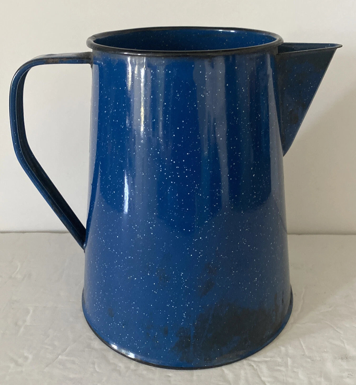 Enamelware Coffee Pot Blue White Speckled With Handle And Spout 8” Tall X 8”