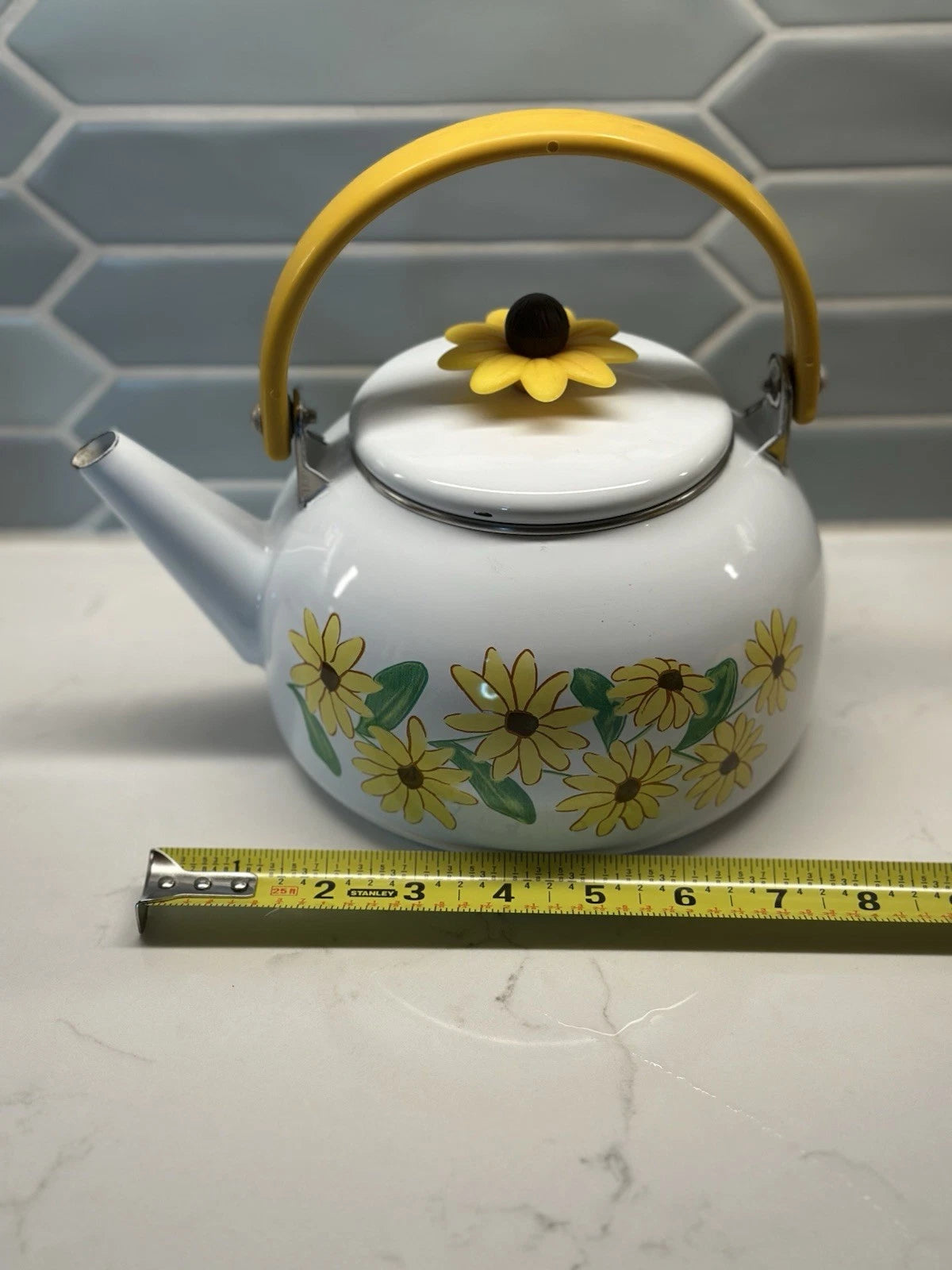 Vintage Yellow Enamel Teapot Wooden Handle Daisy Flowers MCM Retro Metal